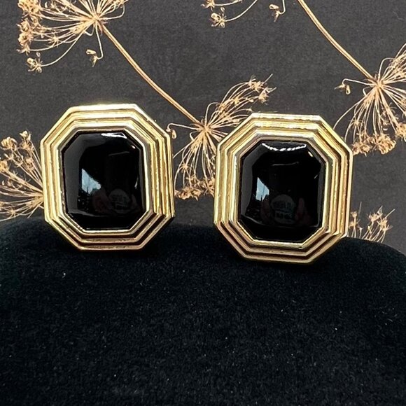 Christian Dior Jet Glass Octagon Cabochon CLIP Earrings - Picture 1 of 6